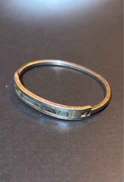 Vintage Mexico Alpaca Silver-Tone Mixed Metal Abalone Inlay Bangle Bracelet