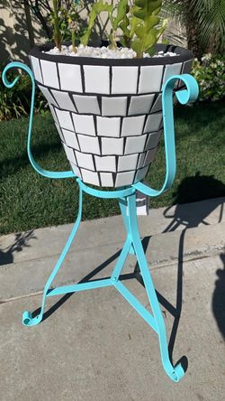 White mosaic planter with mid century stand