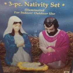 Nativity 3 Piece Set with Lights, Virgen Mary, Joseph and Baby Jesus Blow Molds, 28" Height, Indoor and Outdoor, Brand New Includes Box, Pick Up Only.
