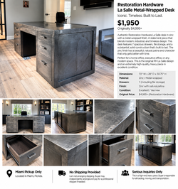 RH Restoration Hardware La Salle Zinc Executive Desk 70"