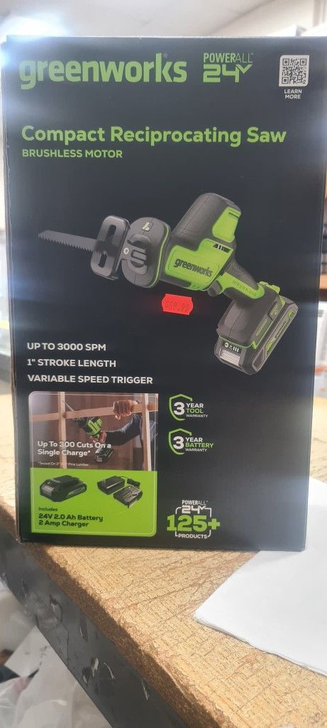 Greenworks 24V 1" Brushless Compact Reciprocating Saw + 2 Ah Battery and Charger 1201802