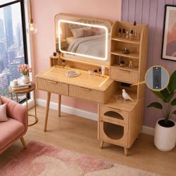 48" Fluted Vanity Desk with LED Mirror & USB Charging – Smoked Glass Top