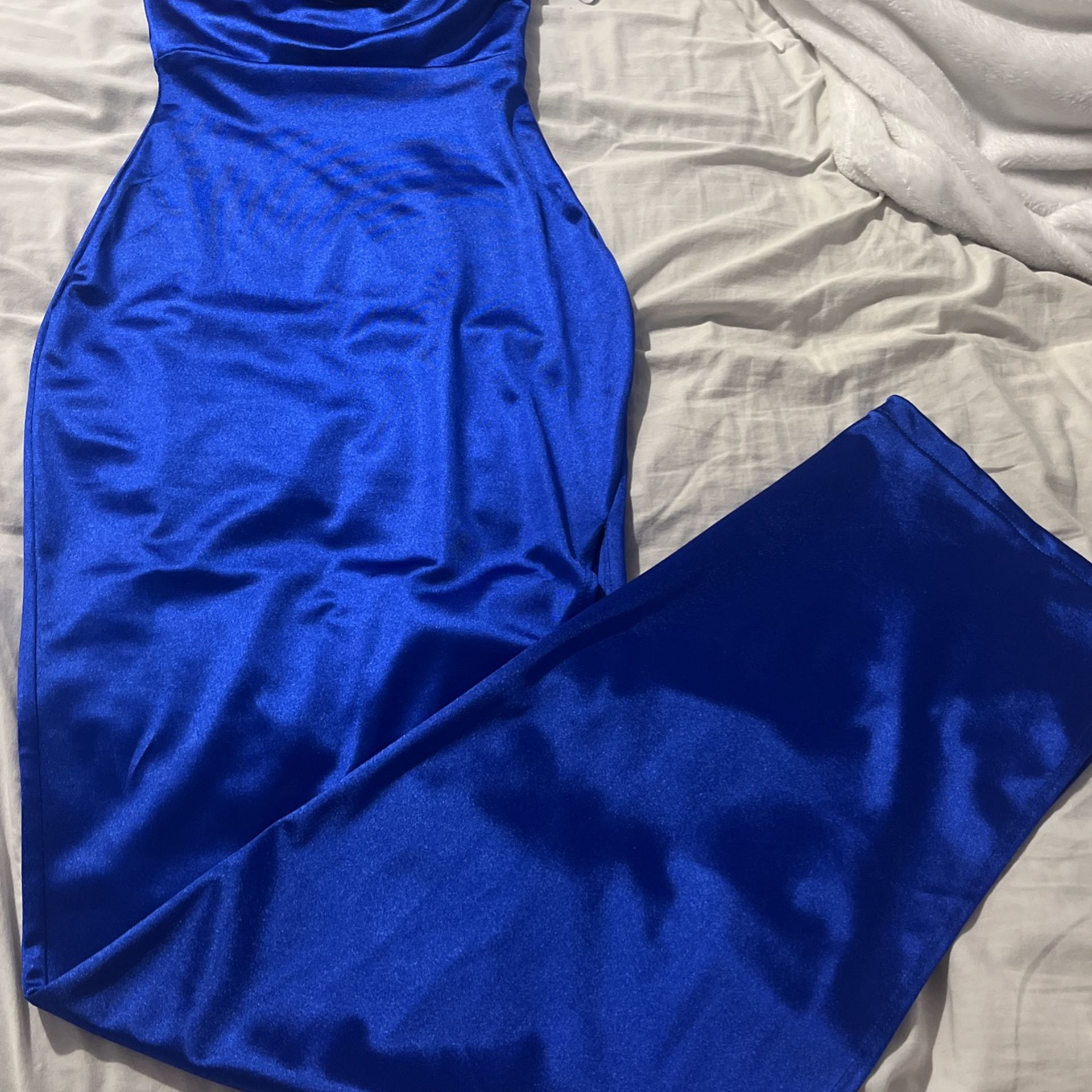 Royal Blue Leg Slit Long Satin Dress 