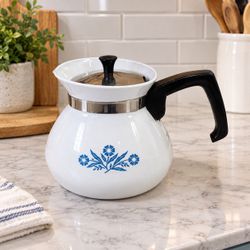 Vintage Corning Ware Blue Cornflower 6 Cup Coffee Tea Pot Kettle w/Lid Backstamp