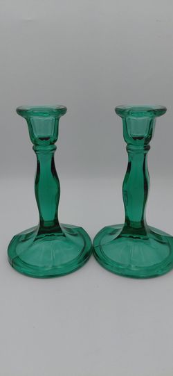 Vintage Teal Indiana Glass Candlestick Holders