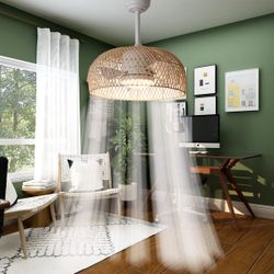 18W LED 20 Inches Bamboo Rattan Wicker Smart Caged Dimmable Ceiling Fan with Light,Woven Farmhouse Wooden Cage Semi Flush Fandelier, Wood Semiflush Fa