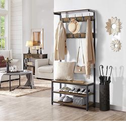 Hall Tree Coat Rack Shoe Bench with 23 Hooks, Industrial 3 in 1 Coat Stand, Mudroom Storage Bench Wood Look Accent Furniture Steel Frame, Easy Assembl