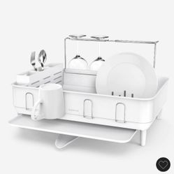 simplehuman Large Capacity Dish Drying Rack with Stainless Steel Frame, 360º Easy Drain Swivel Spout, Utensil & Wine Glass Holder, Anti-Residue Coatin