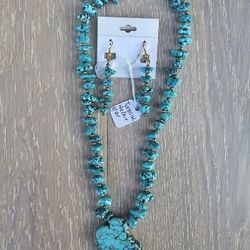 Blue Turquoise Navajo Earrings & Necklace Set 18"