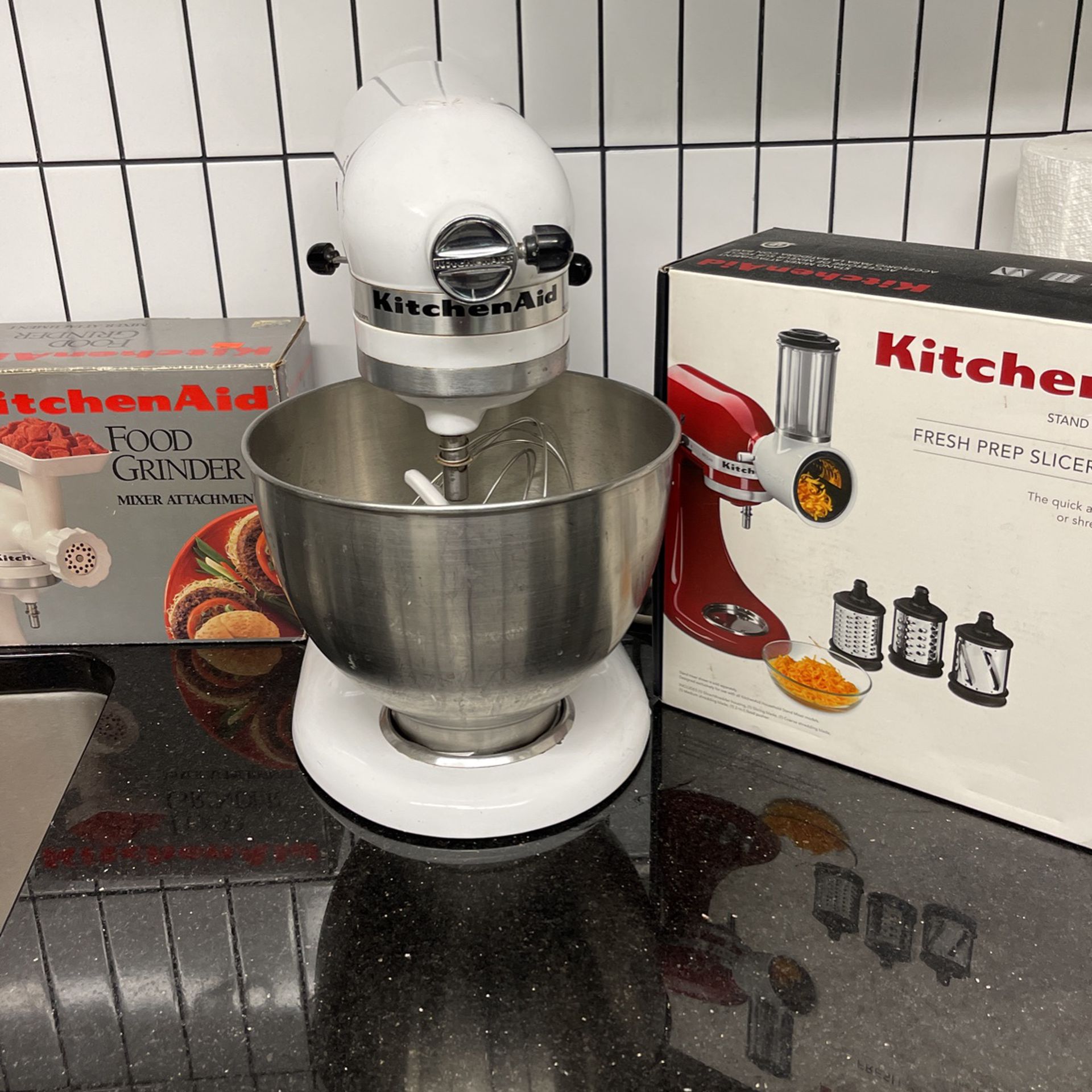 Kitchen Aid Classic Stand Mixer With Prep Slicer And Meat Grinder Attachments