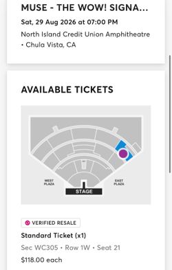 Muse Concert Accessible Ticket THE WOW! SIGNAL TOUR Saturday August 29 2026 at 07:00 PM Chula Vista, CA