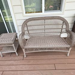 Vintage pier, one outdoor wicker, loveseat, and side table set