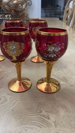 2 Red and Gold Murano Glass Wine