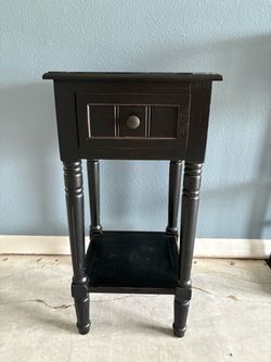 Black Wood Nightstand with Drawer and Shelf