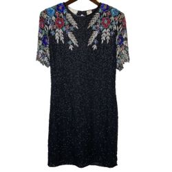 Laurence Kazar Vintage Silk Beaded and Sequin Black Dress size PL / LP