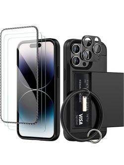 iPhone 14 Pro Max [7 in 1] Wallet Cover with Card Holder+Diamond Edge Screen Protector & 2PCS Tempered Glass Film+Camera Cover+Silicone Wrist Strap 


