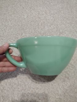 Jadeite Fire King Brand Green Batter Oven Ware Bowl Spout Handle Mixing Bowl And Mug