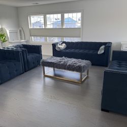 Luxury Navy Blue Chesterfield Living Room Set – Sofa + 2 Chairs + Bench