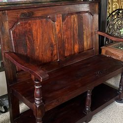 Gorgeous Solid Wood 2 Seater Bench W Paneled Back Rest, Arm Rests And Lower Shelve Seat Pad Included