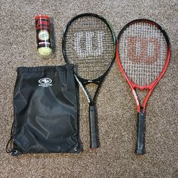 Tennis racket, balls and bag