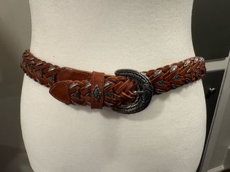 Vintage Western Style Leather Brown Braided Belt Silver Metal Accents Made in Turkey Women’s Size Small