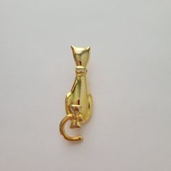 Vintage AAI Cat Brooch Pin Gold Tone Rhinestone Articulated Tail 2.5"