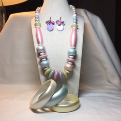 Spring Pearly Pastels Wooden, Plastic, and Mother Of Pearl Earrings, Necklace and Bracelet Set