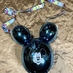 Disney Parks Metallic Blue Balloon Mickey Mouse Ears Popcorn Bucket with strap M