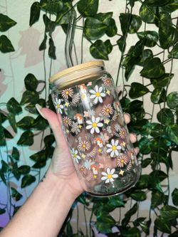 Floral and Mushroom 16oz Glass Cup with Lid and Straw and Straw Cleaner! 