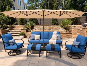 Brand new peacock color of 6 pieces patio set along with 15 feet beige umbrella with base included