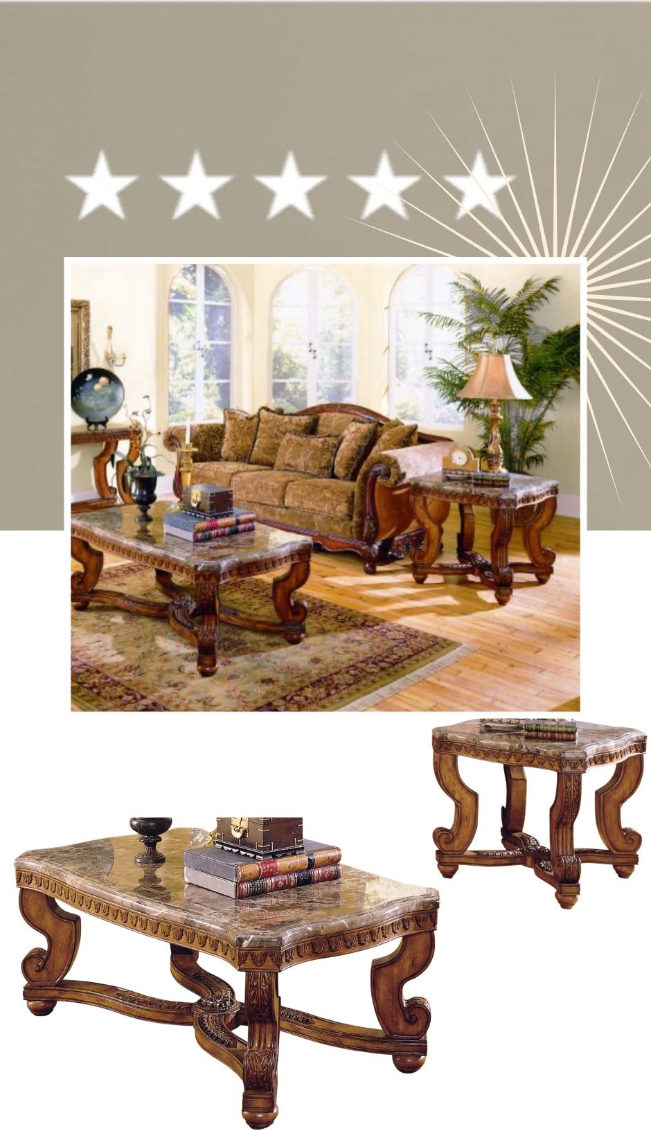 Homelegance Tarantula Cocktail Table & End Table Marble Top