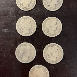 SILVER BARBER Quarters Collection - 90% Silver!! - 7 coins for $68.  Dates include 1896 to 1910, see list of dates.  Not gold, Morgan or Peace dollar 