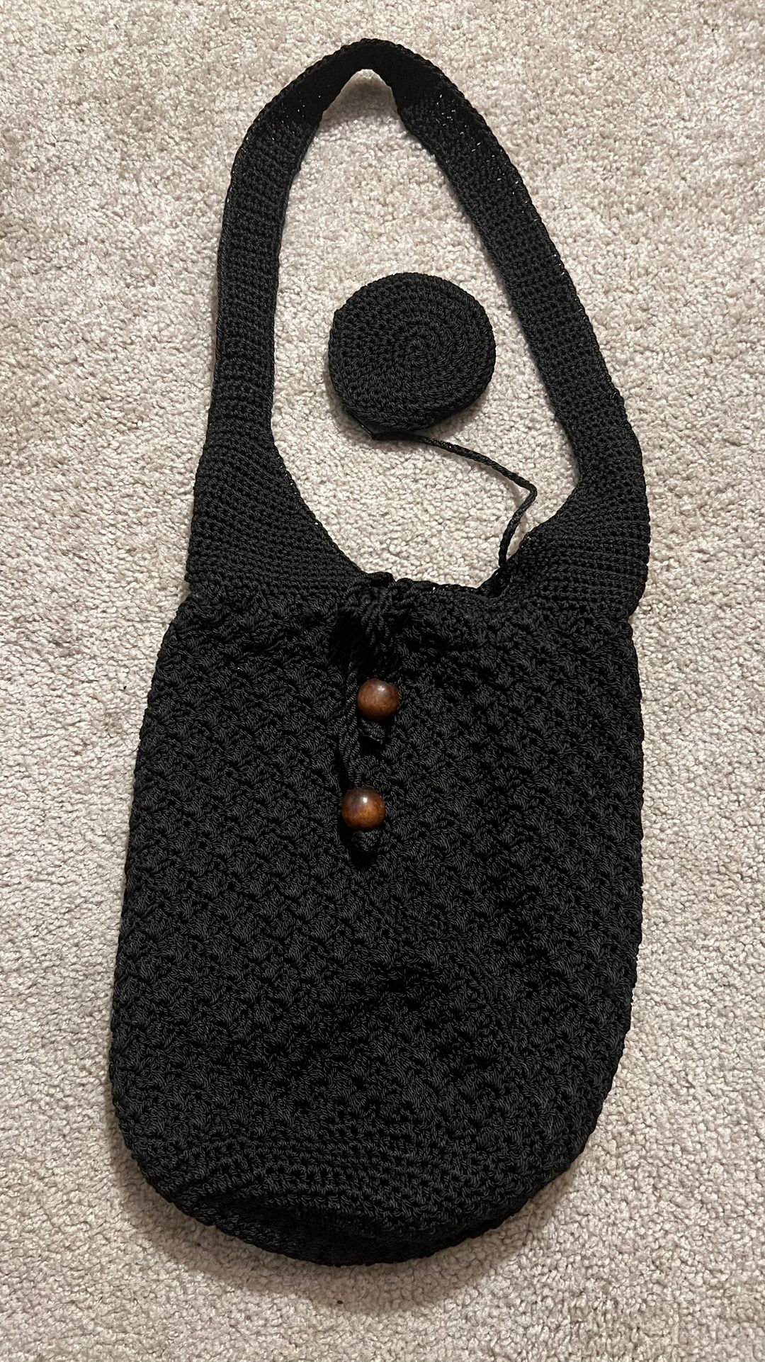 Black Crochet Shoulder Bag W/ Brown Beads