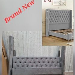 Brand New - OpenBox - King Size Bed Frame, Velvet Upholstered Platform, Grey  61.4"