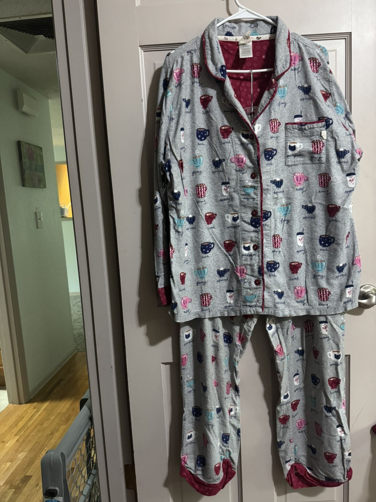 Munki Munki Gray Flannel 2-pc Pajama Set Coffee Cats Women Size XL