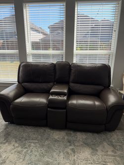 Simon Li Power Reclining Leather Sofa + Loveseat Set — Mushroom