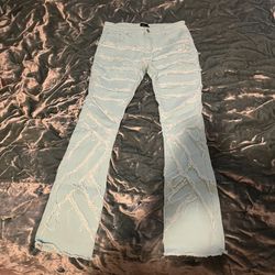 Baby Blue Flared Bottom Ripped Jeans 