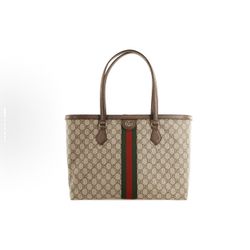GUCCI Ophidia Old Flower Logo Striped Webbing Commuting Versatile Canvas Leather Large Capacity Tote Bag Single Shoulder Handbag(60)87