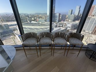 Set of 4 Modern Gray Woven Bar Stools with Gold Frames