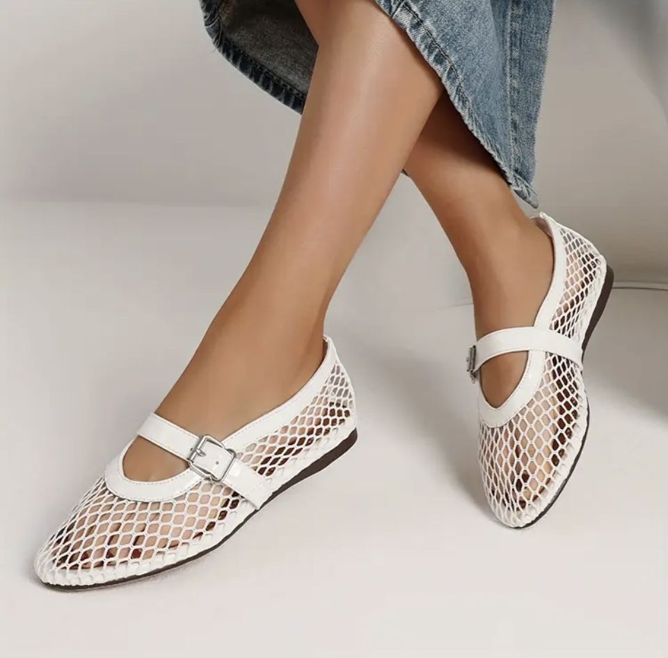 NORHEA Women Buckle Strap Mary Janes Flats Mesh Shallow Fishnet Low Heel Shoes Round Closed Toe Elegant Leisure Flats for Woman Size 7