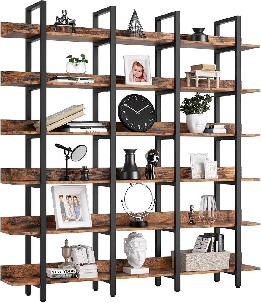 Bookcase and Bookshelves Triple Wide 6 Tiers Large Open Shelves, Etagere Bookcases with Back Fence for Home Office Decor, Easy Assembly, Vintage Brown