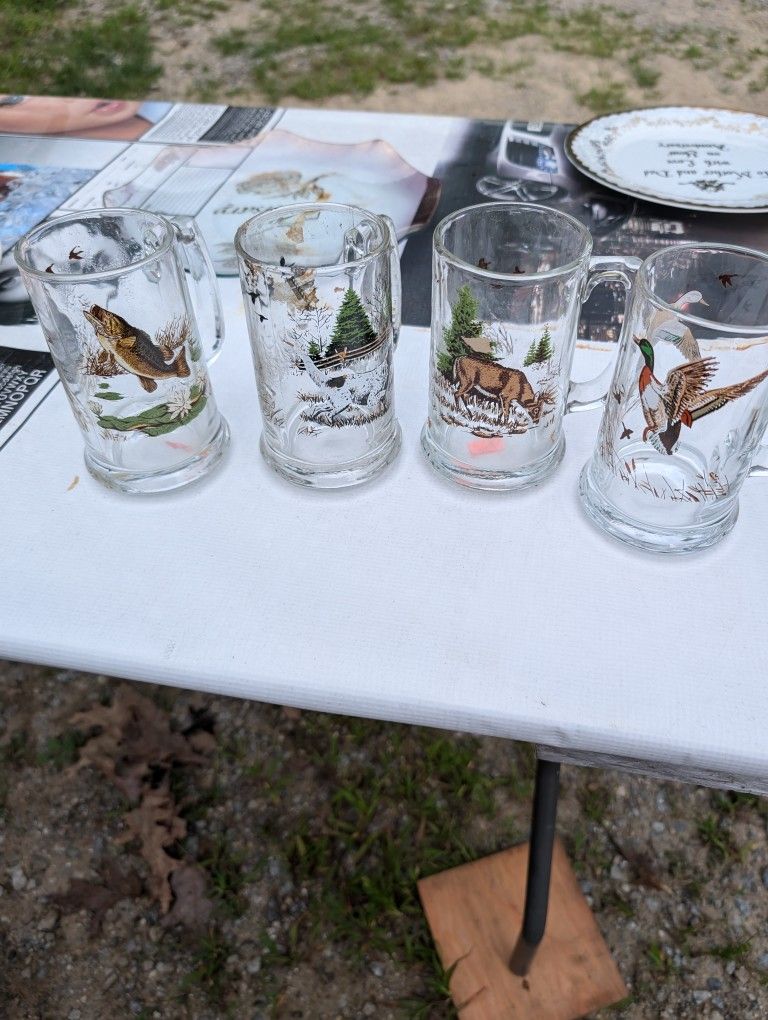 Set of 4 Vintage Outdoor Life Series Libbey Glass Tankard Mugs With Deer, English Pointer, Mallard Duck & Fish - Hunting Scene Mugs

