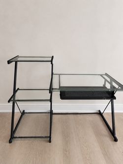 Glass Computer Desk with Side Shelves