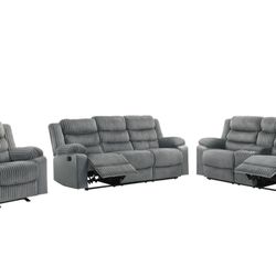 Brand New 3-Piece Max Reclining Sofa Loveseat Chair Gray Available Today