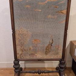 Antique Mahogany Fireplace Screen W/Needlepoint