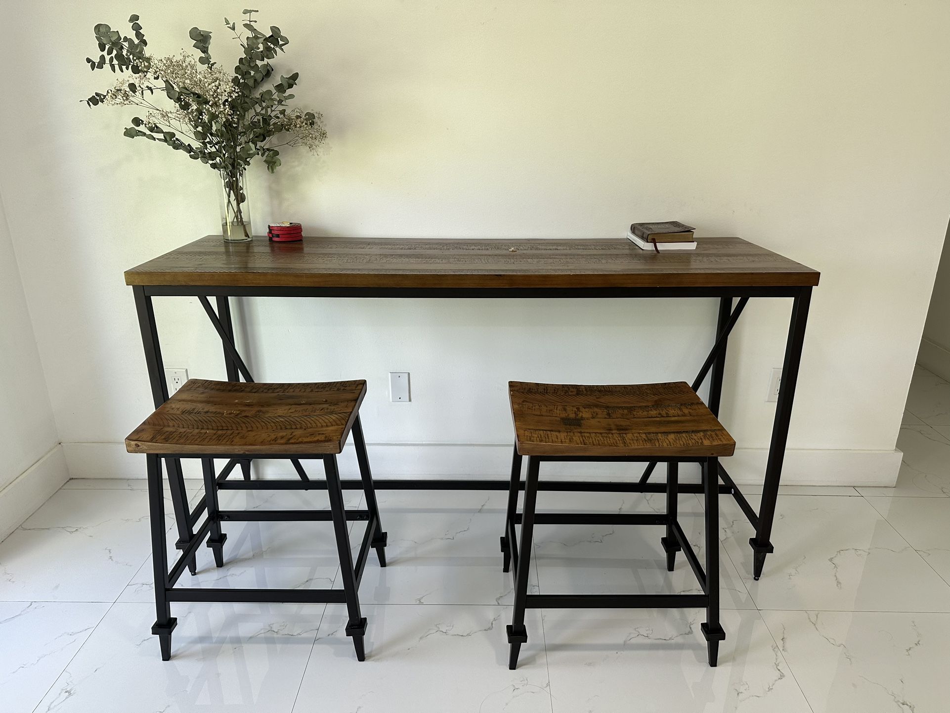Wood table with 2 wood stools 