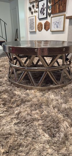 Round, Hammered Drum Cross Silver Coffee Table