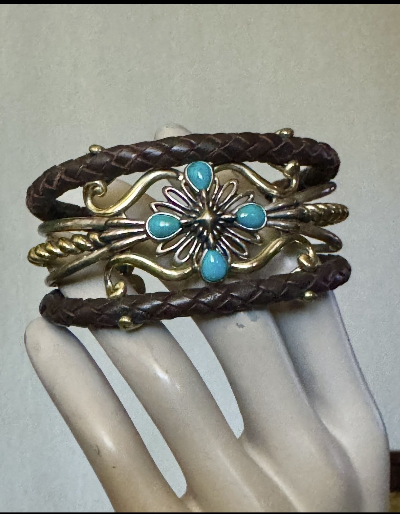 Carolyn Pollack American West 925 Sterling Silver Brass Leather Wrap Turquoise Cuff Bracelet Great Used Condition