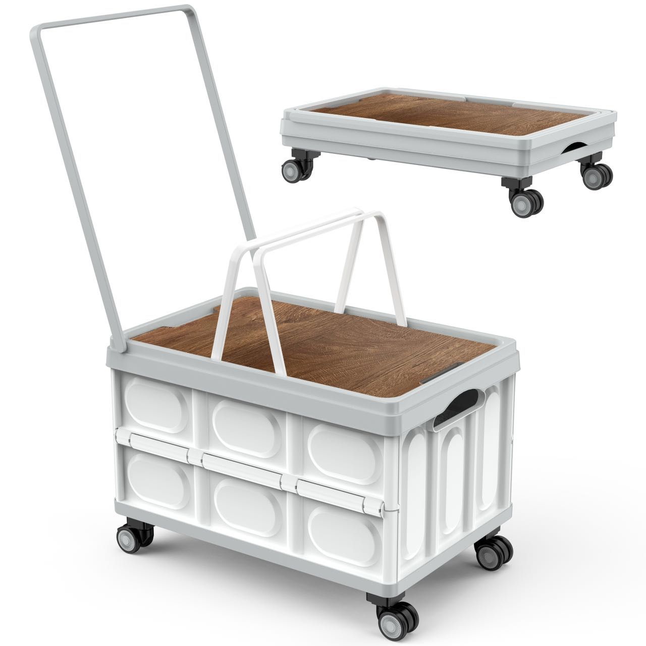 Rolling Crate with Wheels, Collapsible Rolling Crate with Wooden Cover, Foldable Utility Cart with Wheels for Teachers, 55L