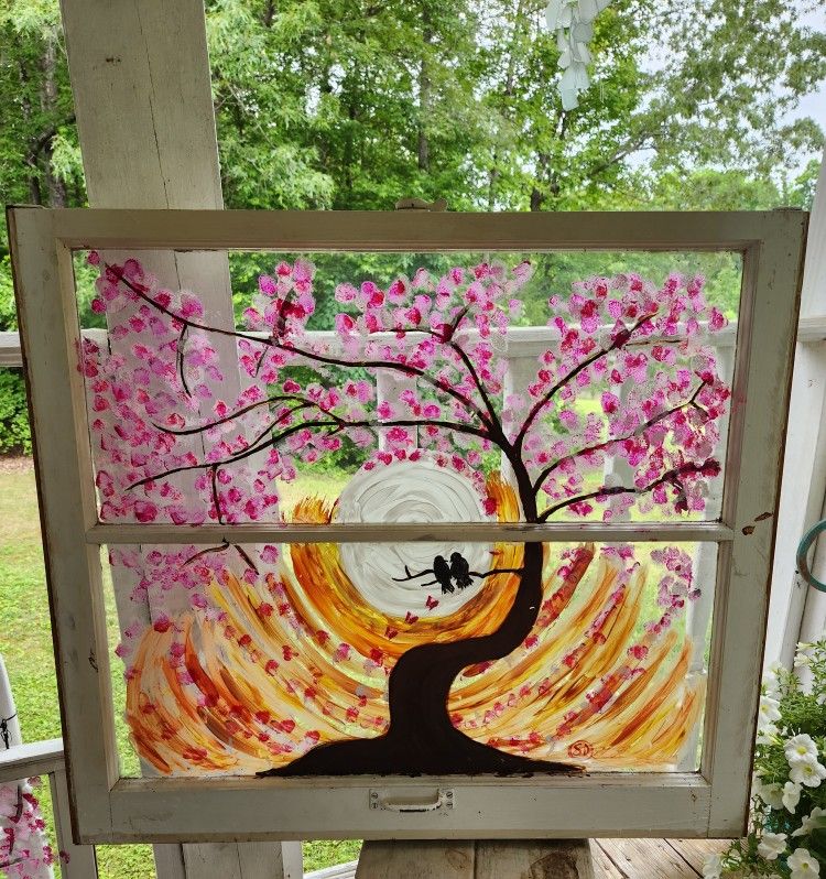 Cherry Tree Painting On Antique Window